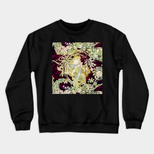 Woman with Daisy Among Flowers ,Wild Roses,Floral Swirls Art Nouveau Portrait Crewneck Sweatshirt